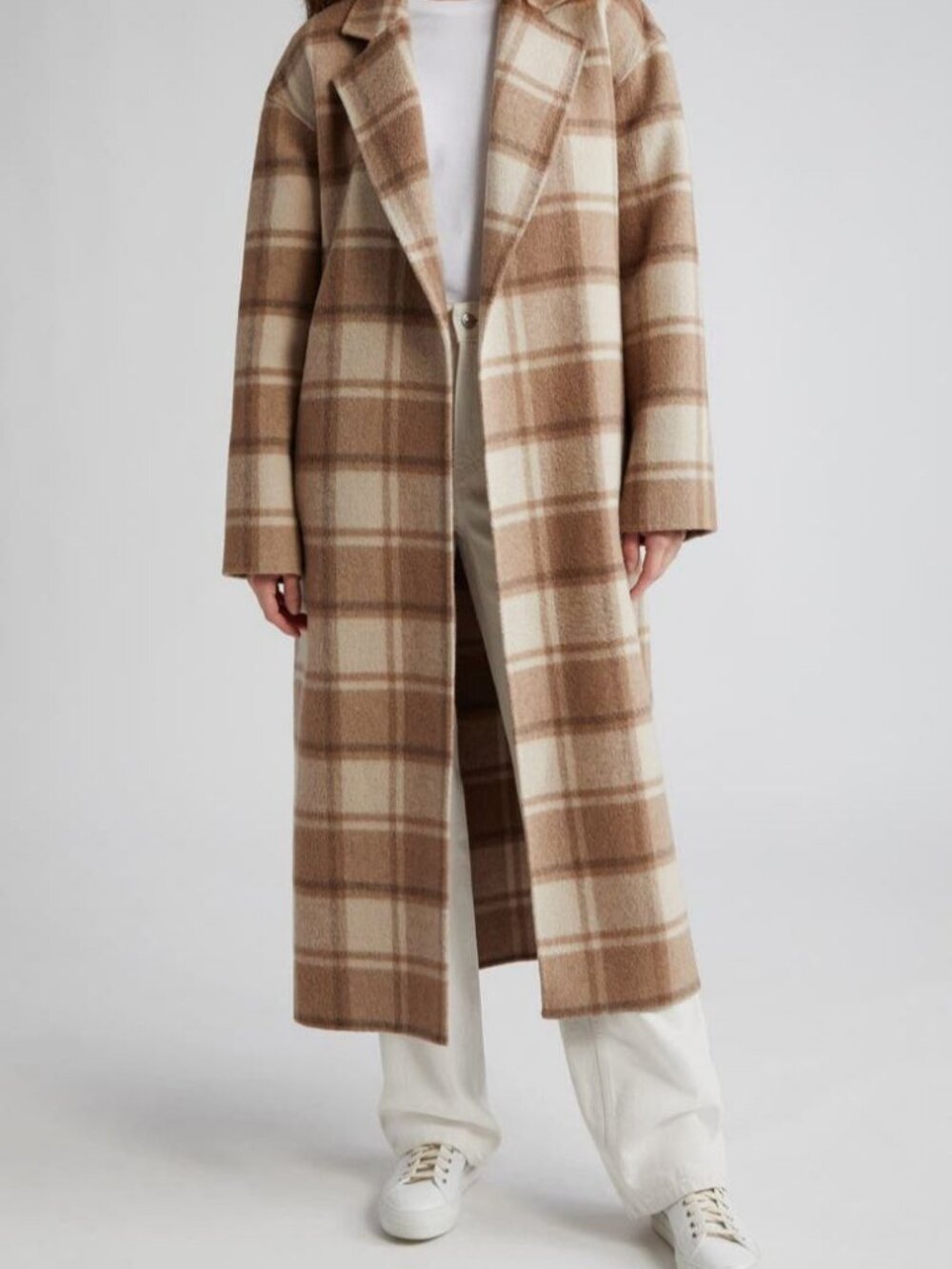 ATM Women Beige Wool Plaid Flannel Oversized Self-Tie Wool Jacket Pea Coat Sz XS